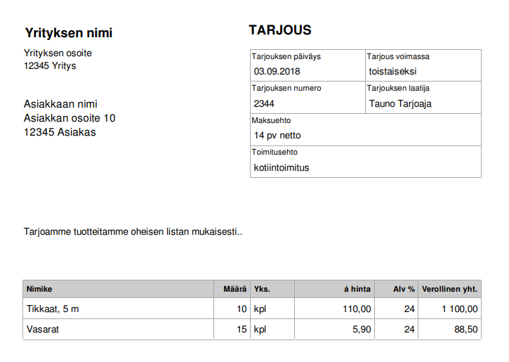 Ilmainen T ytett v PDF tarjouspohja